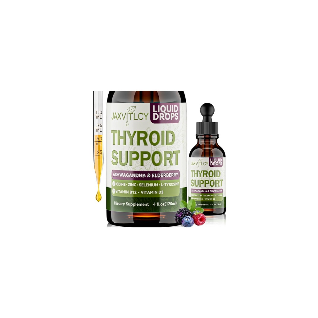 Thyroid Support Drops with Iodine, Selenium, Zinc & L-Tyrosine - Liquid Metabolism & Energy Supplement with Ashwagandha & Elderberry - Vegan, Non-GMO, Berry Flavor, High Absorption, 4 Fl Oz