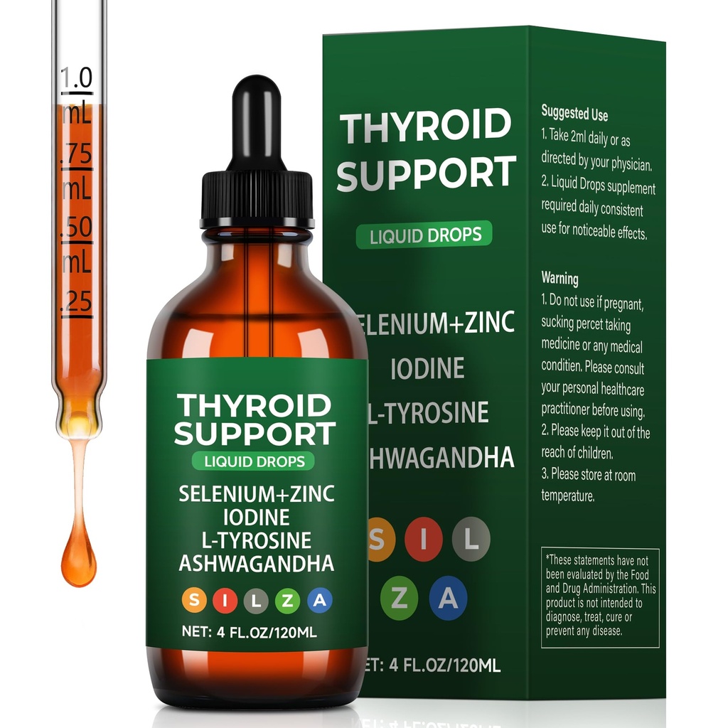 Thyroid Support Complex Liquid Drops for Women & Men - High Potency Iodine, Zinc, Selenium & Ashwagandha for Cortisol & Stress Relief - Natural Metabolism & Energy Booster - 4 oz (120ml)