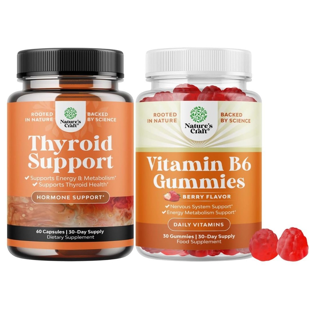 Bundle of Herbal Thyroid Support Complex - Potent Kelp Iodine with L Tyrosine Bladderwrack Selenium Ashwagandha and Potent Vitamin B6 Gummies for Adults - Vegan Pyridoxine Chews for Energy Metabolism