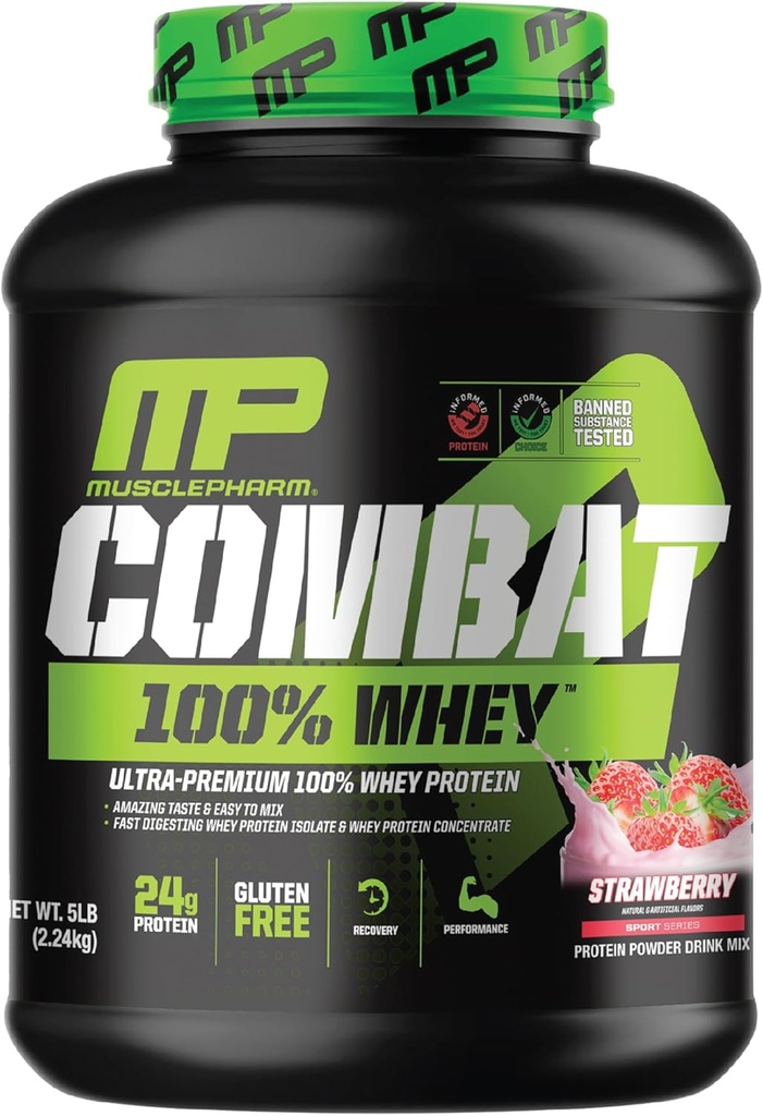 MusclePharm Combat 100% Whey Protein Powder, Strawberry Cream Flavor, Fast Recovery &amp; Muscle Gain with Whey Protein Isolate, High Protein Powder for Women &amp; Men, Gluten Free, 5 lb, 70 Servings