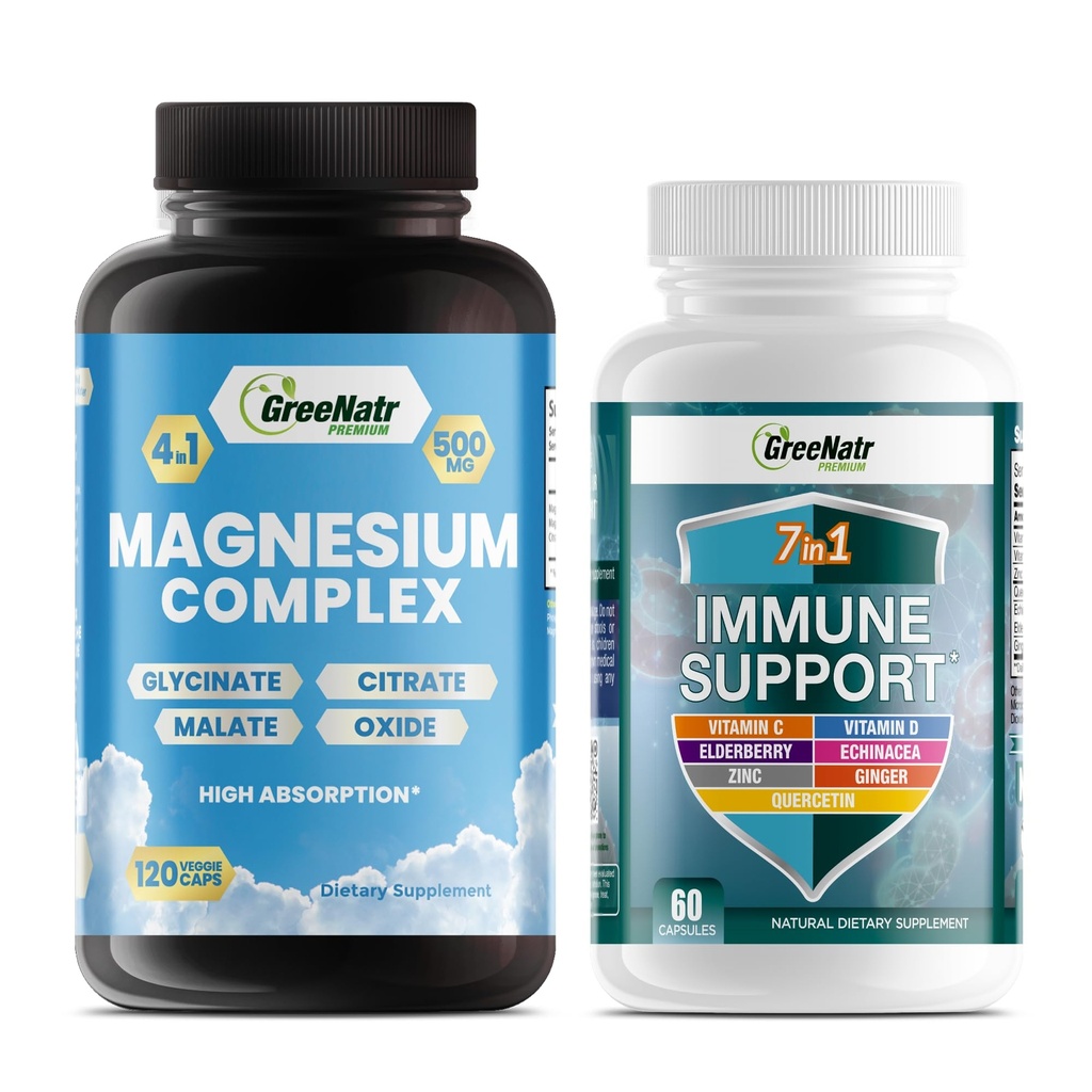 Magnesium Supplement with Glycinate, Citrate, Malate & Oxide Plus Immune Support with Vitamin C, D3, Zinc 50mg, Quercetin, Echinacea Purpurea, Sambucus Elderberry and Ginger