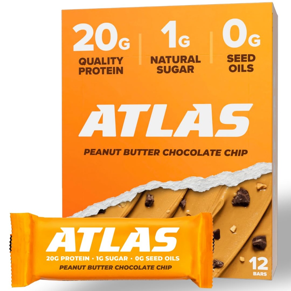 Atlas Bar – 20g Proteína, 1g Azúcar, 0g Aceites de semillas, 0g Sweeteners artificiales (Peanut Butter Chocolate Chip, 12 Condes)