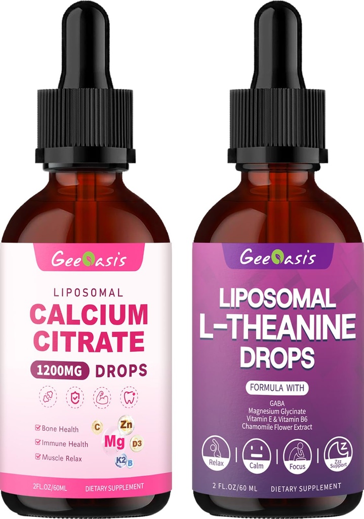 Liposomal Liquid Calcium Citrate & L-Theanine with GABA Drops, Immune & Overall Health, Zzz & Relaxation Support