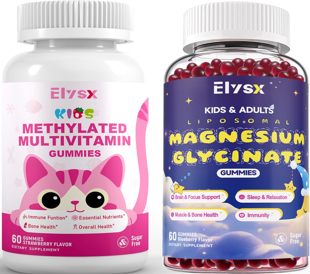 Kids Methylated Multivitamin Chewable & Liposomal Magnesium Glycinate 400mg Gummies, Immune & Brain, Muscle & Relax