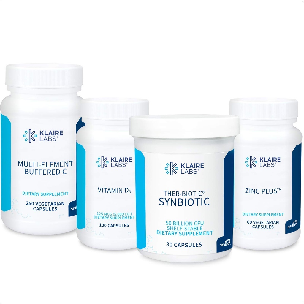 Klaire Labs Immune Support Set - Support Immunity with Vitamin C, D + Zinc - Ther-Biotic Synbiotic Probiotic + Prebiotic, Zinc Citrate, Buffered Vitamin C + Bioflavonoids, Vitamin D3 5000 IU