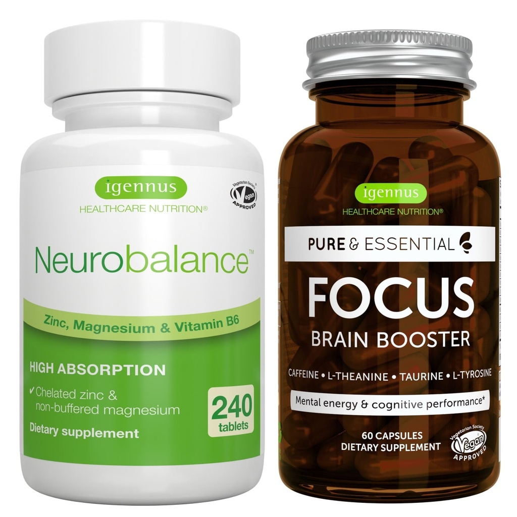 Neurobalance 240 Tablets + Focus Brain Booster Vegan Bundle, Chelated Zinc Picolinate 24mg, Oxide-Free Magnesium & Vitamin B6 + Caffeine, L-Theanine, Taurine & L-Tyrosine, B-Vitamins, Zinc & Copper