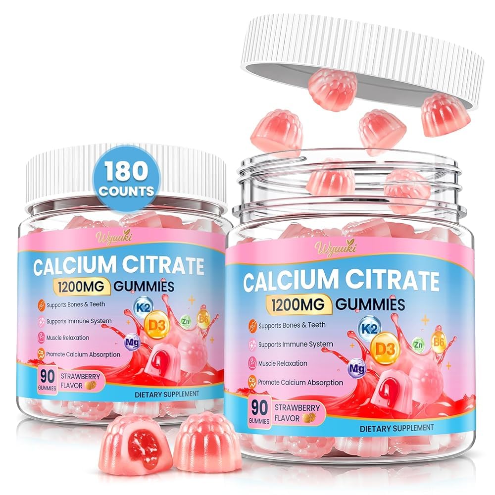 2 Pack Calcium Citrate Magnesium Zinc 1500mg for Kids & Adults Sugar-Free D3 K2 (MK-7), B6 Multivitamin Chewable Gummies Extra Strength-Ultimate Absorption for Bone Muscle Teeth Immune Vegan 180 Count