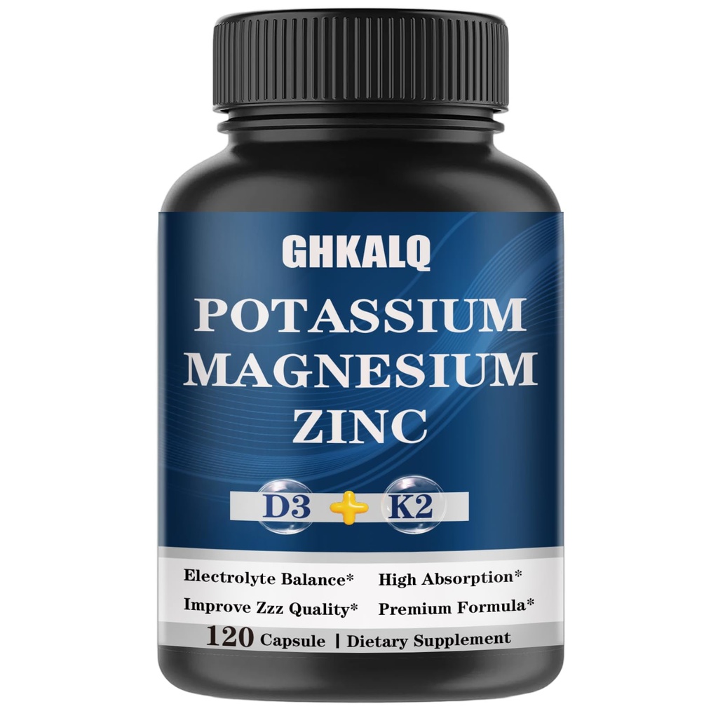 Potassium Magnesium Supplement,Potassium Citrate,Magnesium Glycinate,Zinc,Vitamin D3 &K2,High Absorption, Support Immune & Energy for Women & Men,Non-GMO,120 Count(Pack of 1)