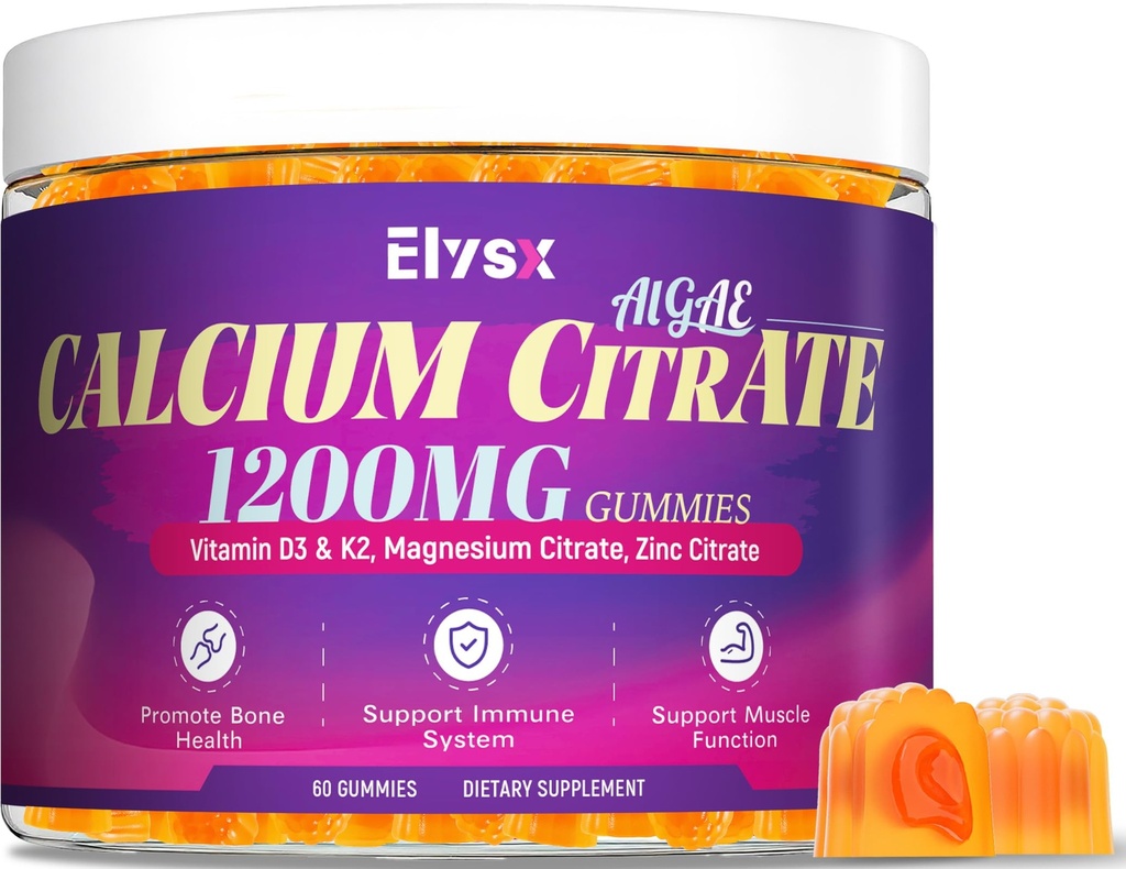 Calcium Citrate 1200mg with Vitamin D3 Gummies, Chewable Algae Calcium Supplements for Women & Men, Bone, Muscle & Immune Support, with Vitamin K2, Magnesium & Zinc Citrate, Mango Flavor, 60 Ct