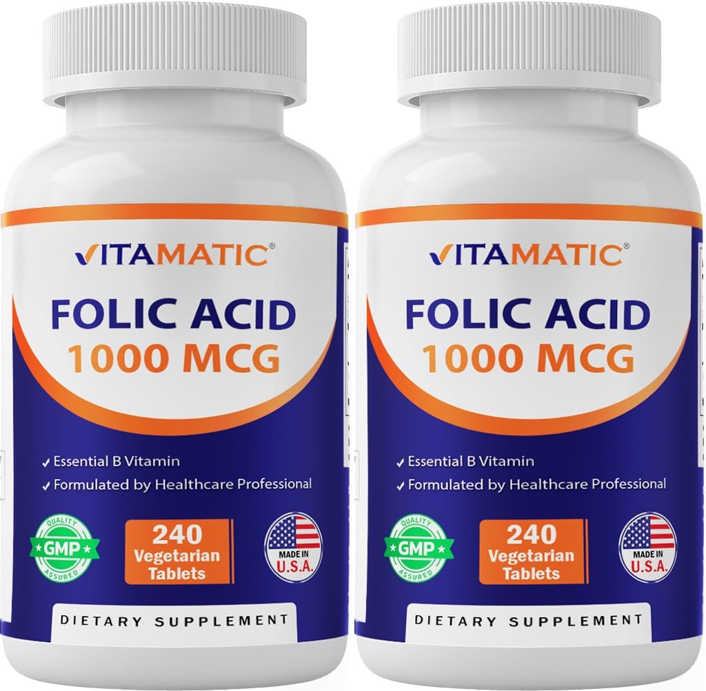 Vitamatic Folic Acid 1000 mcg (1 mg) – 240 Tabletas Vegetarianas (Pack of 2) 1667 mcg DFE – Vitamina B9 para la salud prenatal, cardíaca y celular