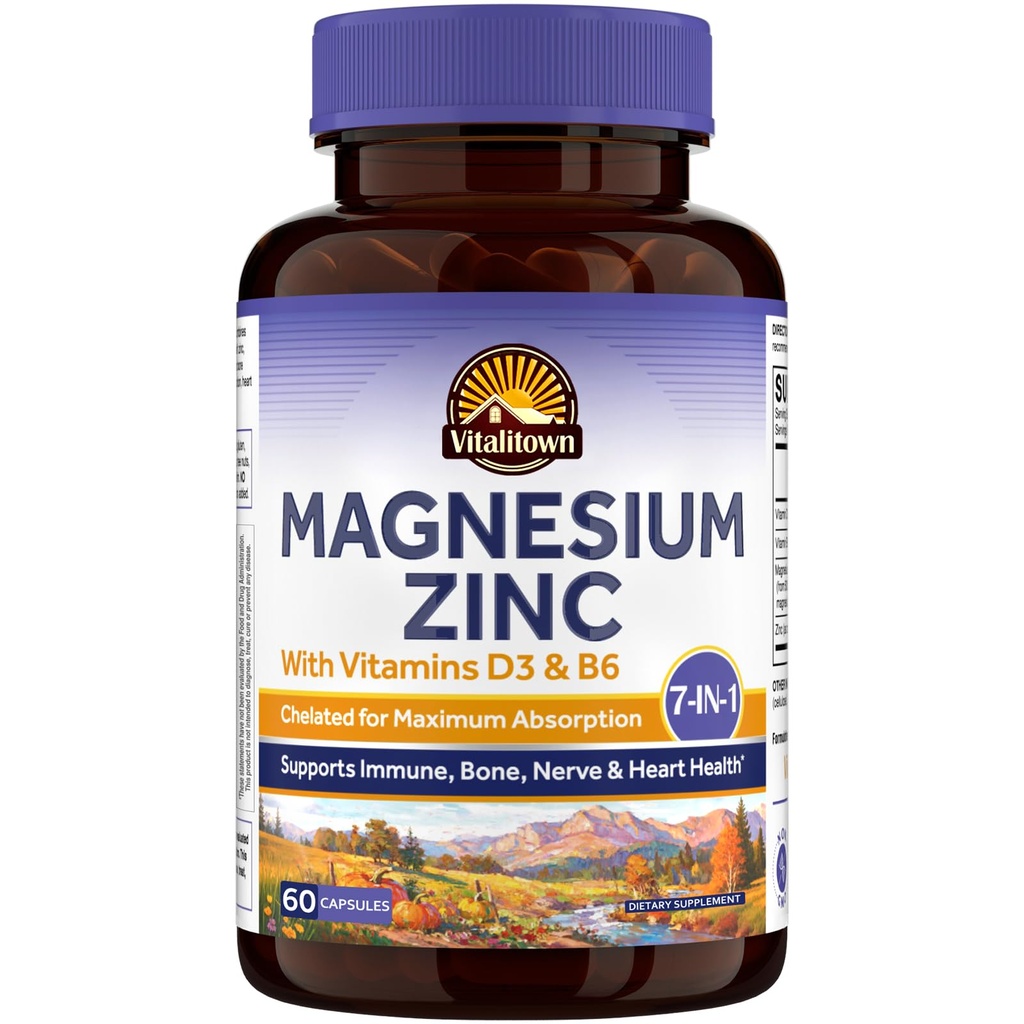 Vitalitown Magnesium Zinc, with Vitamins D3 & B6, Chelated Magnesium Glycinate, Malate, Citrate, Taurate, High Absorption, for Sleep, Bone, Heart, Immune, Digestive Support, 60 Caps