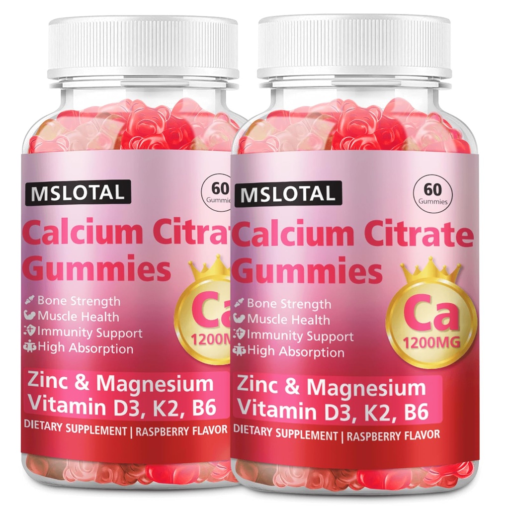 Calcium Citrate Gummies, Calcium 1200mg with Vitamin D3, B6, B12, Magnesium Zinc Calcium Supplements for Women and Men, Support Bone & Muscle Health, 120 Chews Raspberry Flavor