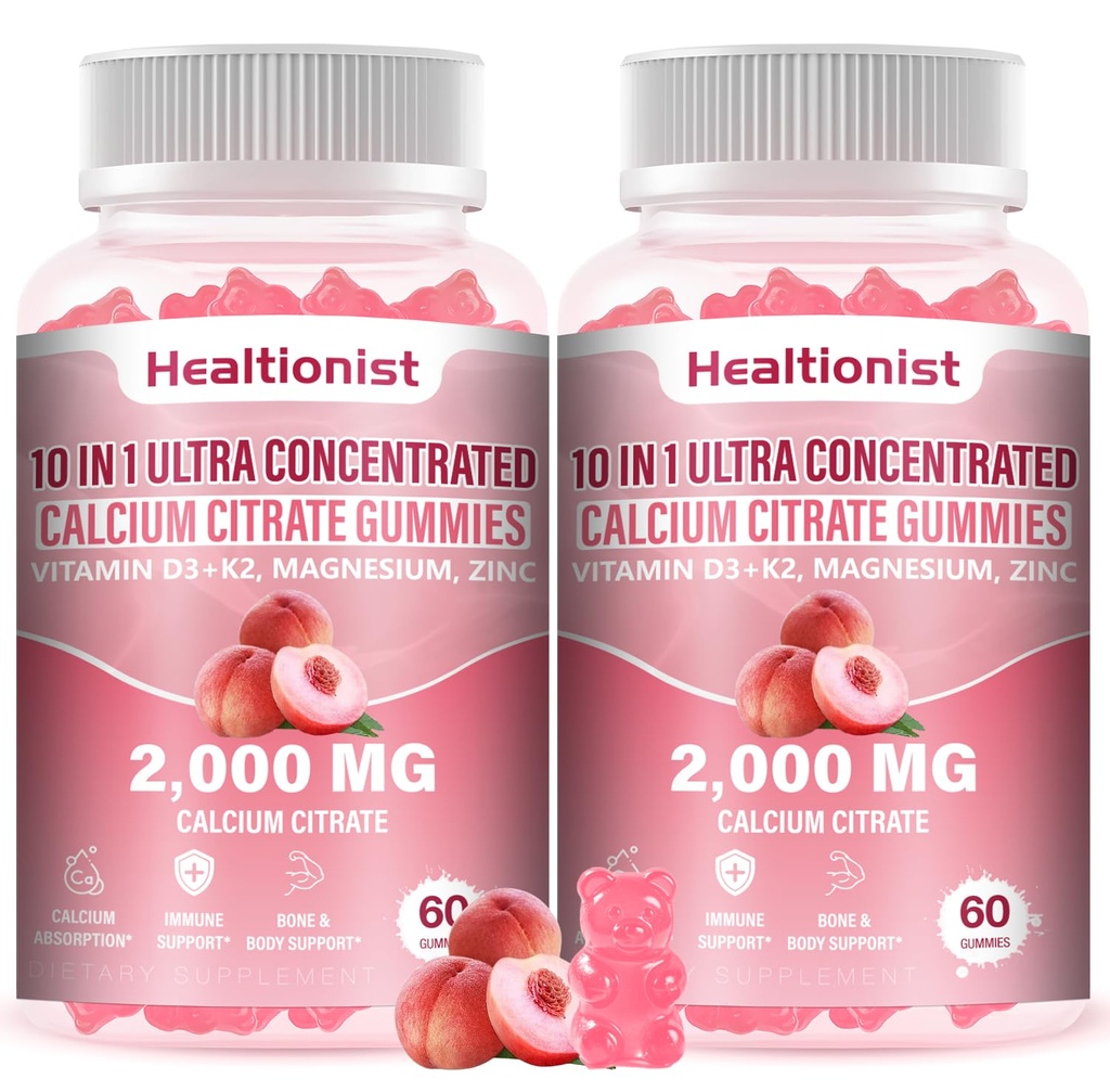 2 Packs 2000mg Calcium Citrate with Vitamin D3 K2 Supplements Gummies for Women & Men, Magnesium, Zinc, High Absorption, Bone, Muscle & Immune Support, 120 Counts Peach Flavor Gummies