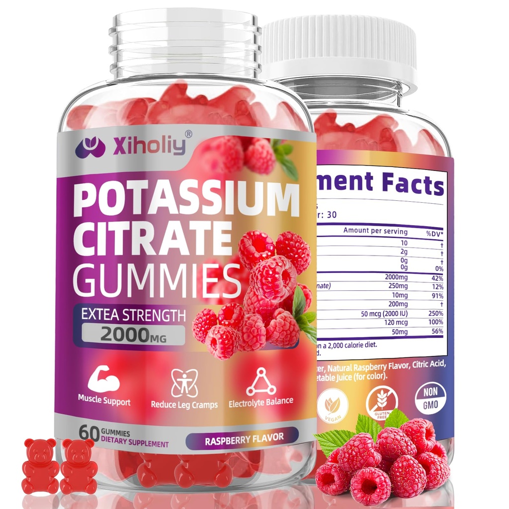 Potassium Citrate Gummies 2000mg, High Potency Electrolyte Gummies, Potassium Supplement with Magnesium glycinate, Zinc, Vitamin C D3 K2, for Electrolyte Balance, Leg Cramps, Muscle Support, 60 Chews