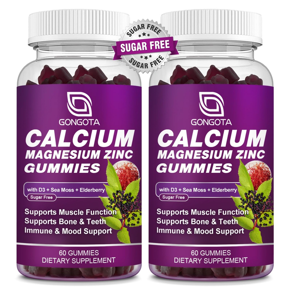 Calcium Magnesium Zinc with Vitamin D3 Supplement, Highly Absorbent Calcium Gummies with 300mg Magnesium glycinate Support Bone & Teeth, Muscle for Adults and Teens,Sugar Free, Vegan (2 Pack)