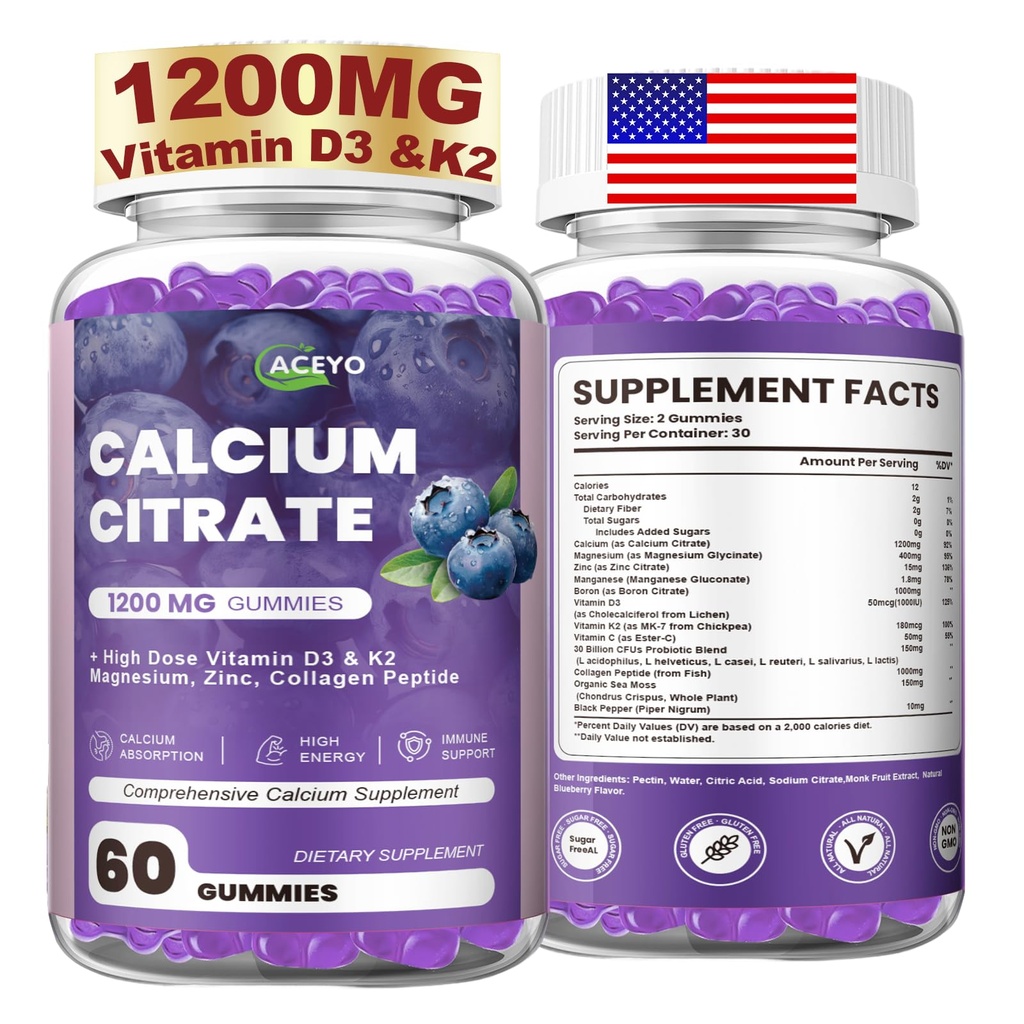 Calcium Citrate Gummies, 1200mg Chewable Calcium Supplement with Vitamin D3, K2, Magnesium & Zinc, Supports Energy and Immunity, High Absorption, Sugar-Free, Blueberry Flavor, 60 Count
