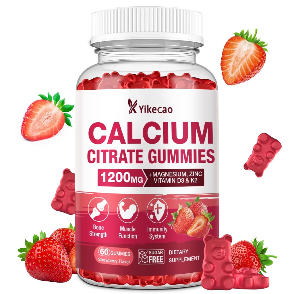 Calcium Citrate Gummies 1200mg, Calcium Supplements for Women & Men, Calcium Gummies with Vitamin D3, K2, Magnesium, Zinc, Potassium, Muscle & Immune Support, Strawberry Flavor, 60 Count