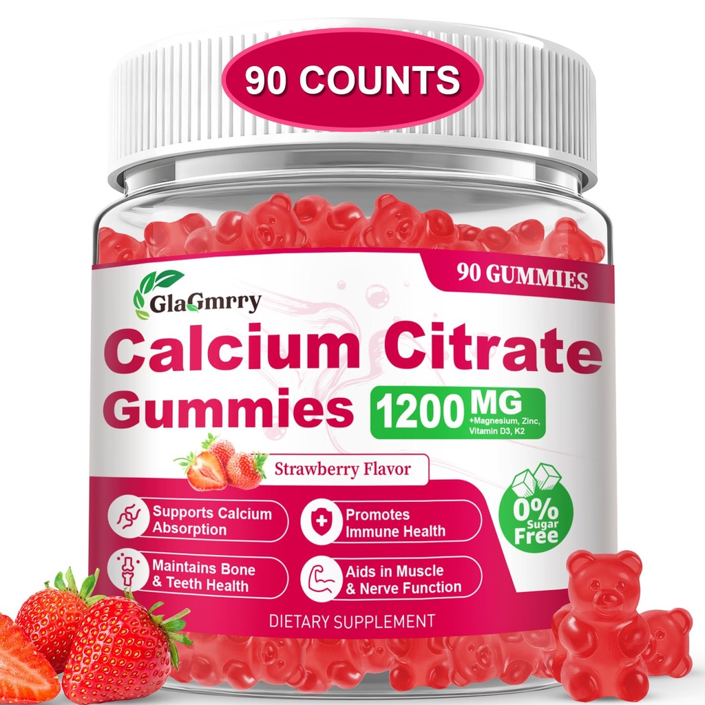 90 Count Calcium Citrate Gummies - Calcium Gummies with Magnesium & 4 Essential Vitamins Support Bone, Muscle, Teeth, Immunity, Calcium Supplements for Women & Men, Strawberry Flavor