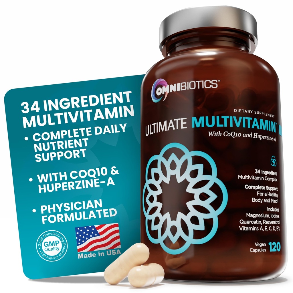 OmniBiotics Ultimate Daily Multivitamin for Women & Men – 34 Essential Ingredients Including Vitamin A, C, D, E, B6, B12, Biotin, Zinc – 120 Vegan Capsules