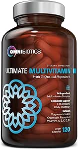 OmniBiotics Ultimate Daily Multivitamin for Women &amp; Men – 34 Ingredientes esenciales que incluyen vitamina A, C, D, E, B6, B12, Biotina, Zinc – 120 Vegan cápsulas