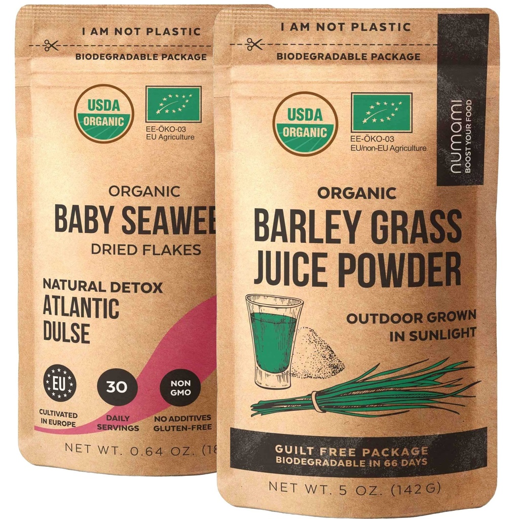 Barley Grass Juice Powder and Atlantic Dulse for Your Perfect Detox Smoothie, Premium Quality and Organic Certified