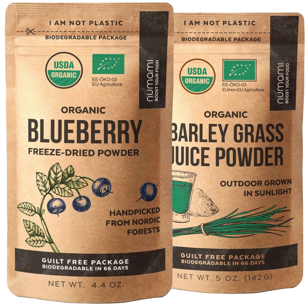Numami Barley Grass Juice Powder and Wild Blueberry Powder for Your Perfect Detox Smoothie, Premium Quality and Organic Certified
