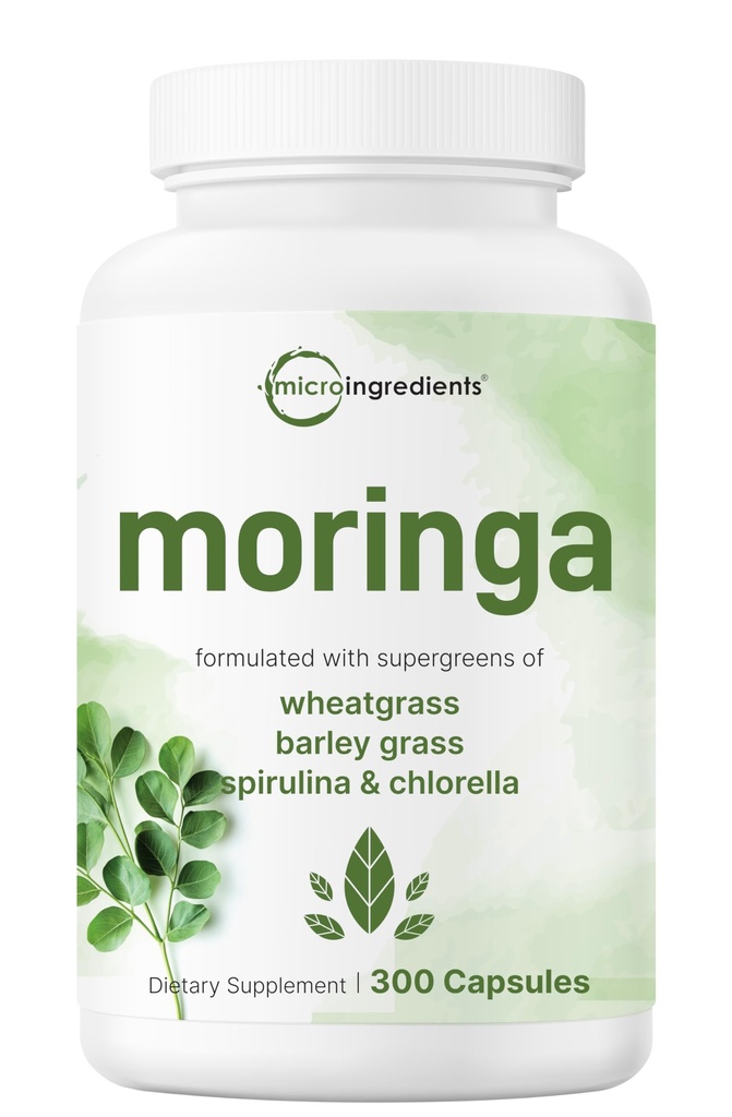 Micro Ingredients Moringa Oleifera | 300 Capsules with Supergreens Blend of Wheatgrass, Barley Grass, Spirulina, & Chlorella | Antioxidant Supplement, Energy, & Immune Support | Non-GMO