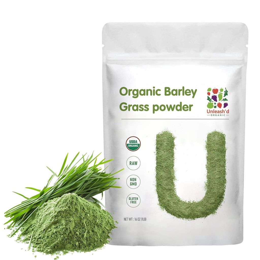 Unleash’d Organic Barley Grass Powder 16 oz – 100% Pure Organic Superfood, Nutrient-Rich Greens with Vitamins, Minerals & Fiber
