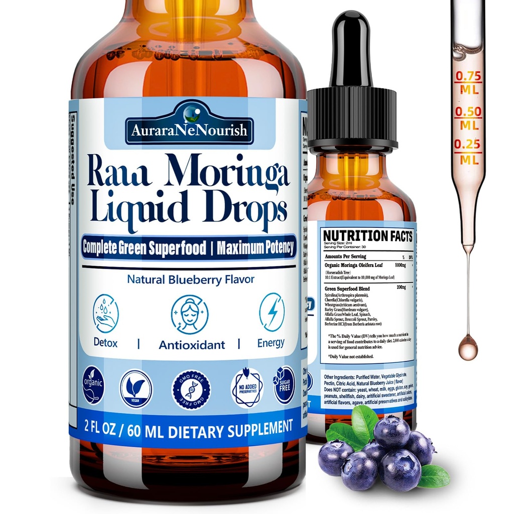 Pure Moringa Organic Oleifera Leaf Liquid Drops, 10:1 Extract Green Superfood Antioxidant Blend of Spirulina Wheatgrass & Barley Grass, 6X Absorption Than Moringa Capsules Powder Oil for Energy Immune