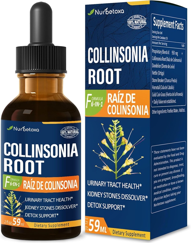Collinsonia (Stone Root) gotas para la salud del tracto urinario, natural Herbal Fórmula Suplemento w/Stone Breaker Chanca Piedra Extract Support Kidney Stones Dissolver " Detox Cleanse. 2oz