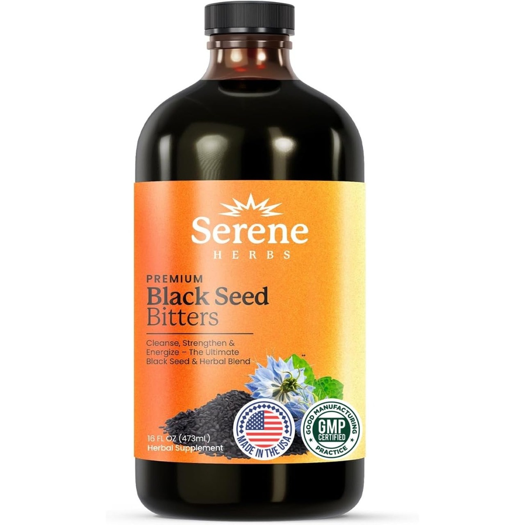 Serene Herbs Organic Black Seed Oil Bitters Liquid - Black Cumin Seed Extract, Nigella Sativa, Pure Blackseed Supplement with Thymoquinone for Immune Support & Digestion - Vegan - 16 oz