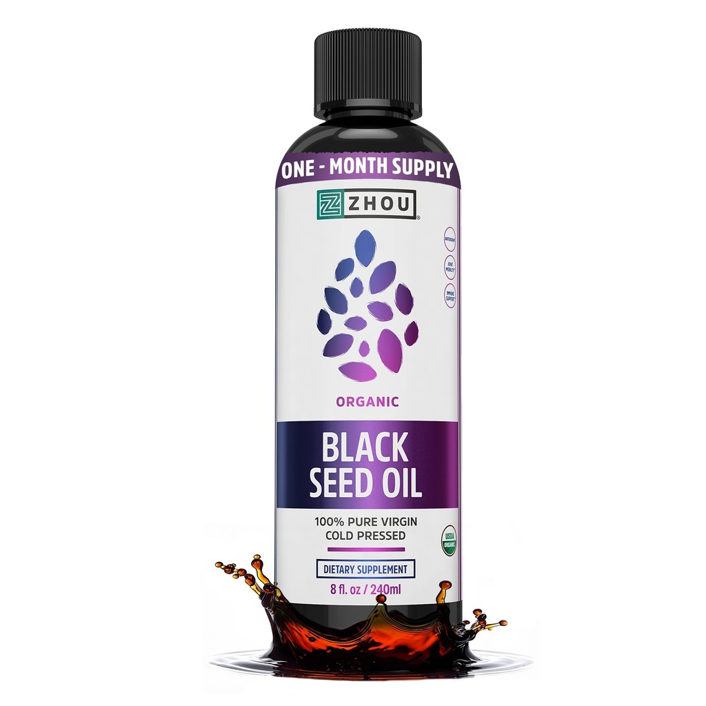 Zhou Organic Black Seed Oil - Black Cumin Seed Oil Cold Pressed, Nigella Sativa, Pure Unrefined Blackseed Liquid, Premium Supplement for Health with Thymoquinone, Omega 3 6 9 - 8 Fl Oz (Pack of 1)
