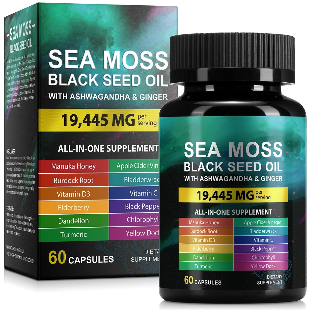 Sea Moss Black Seed Oil Ashwagandha Ginger Capsules, Seamoss Capsules Supplement with Bladderwrack Burdock & Vitamin C Vitamin D3 for Women & Men-Enhanced Immunity,60 Counts