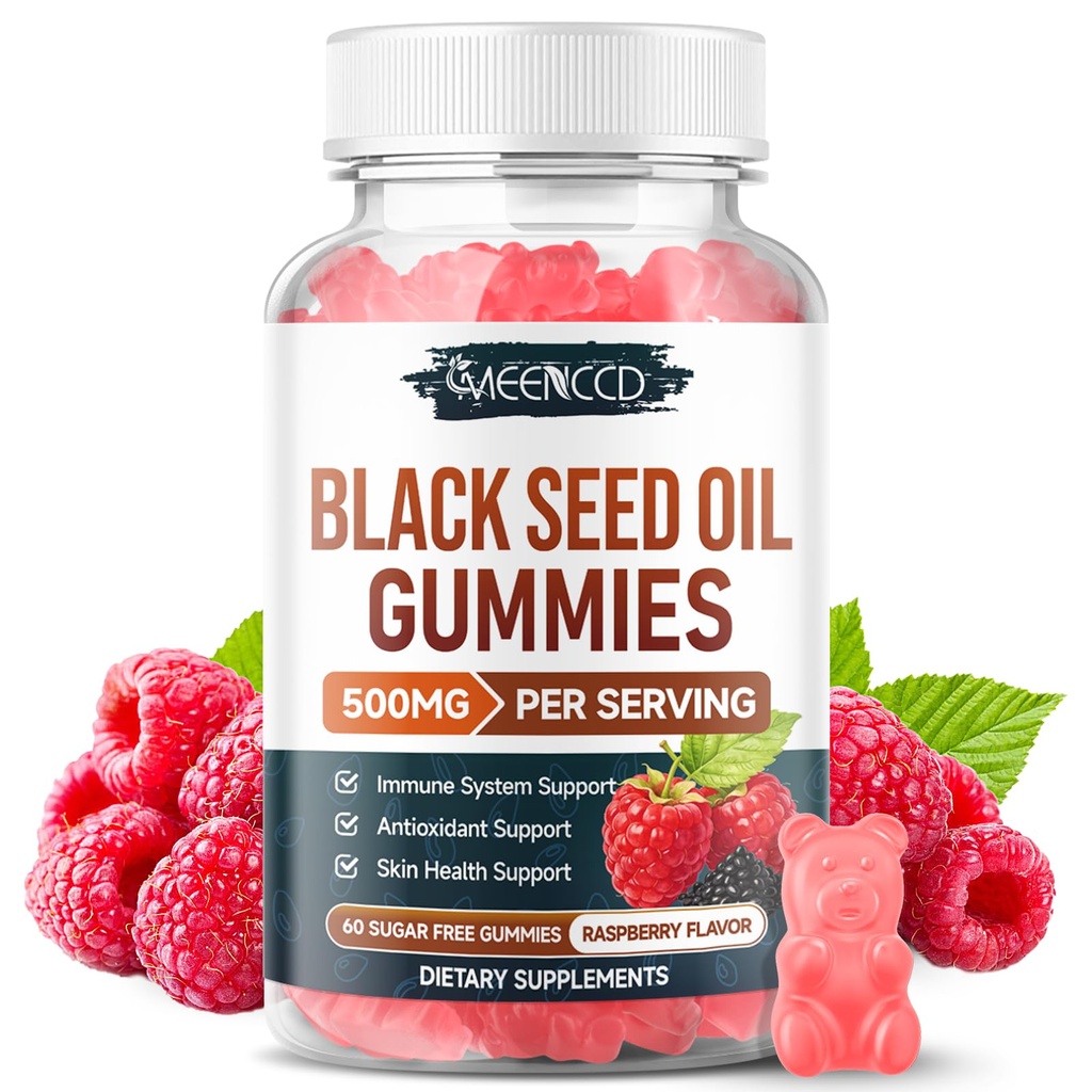 MEENCCD Black Seed Oil Gummies, Nigella Sativa Black Seed Oil Supplement for Antioxidant Support, Vegan, Non-GMO, Suagr-Free, Raspberry Flavor, 60 Count