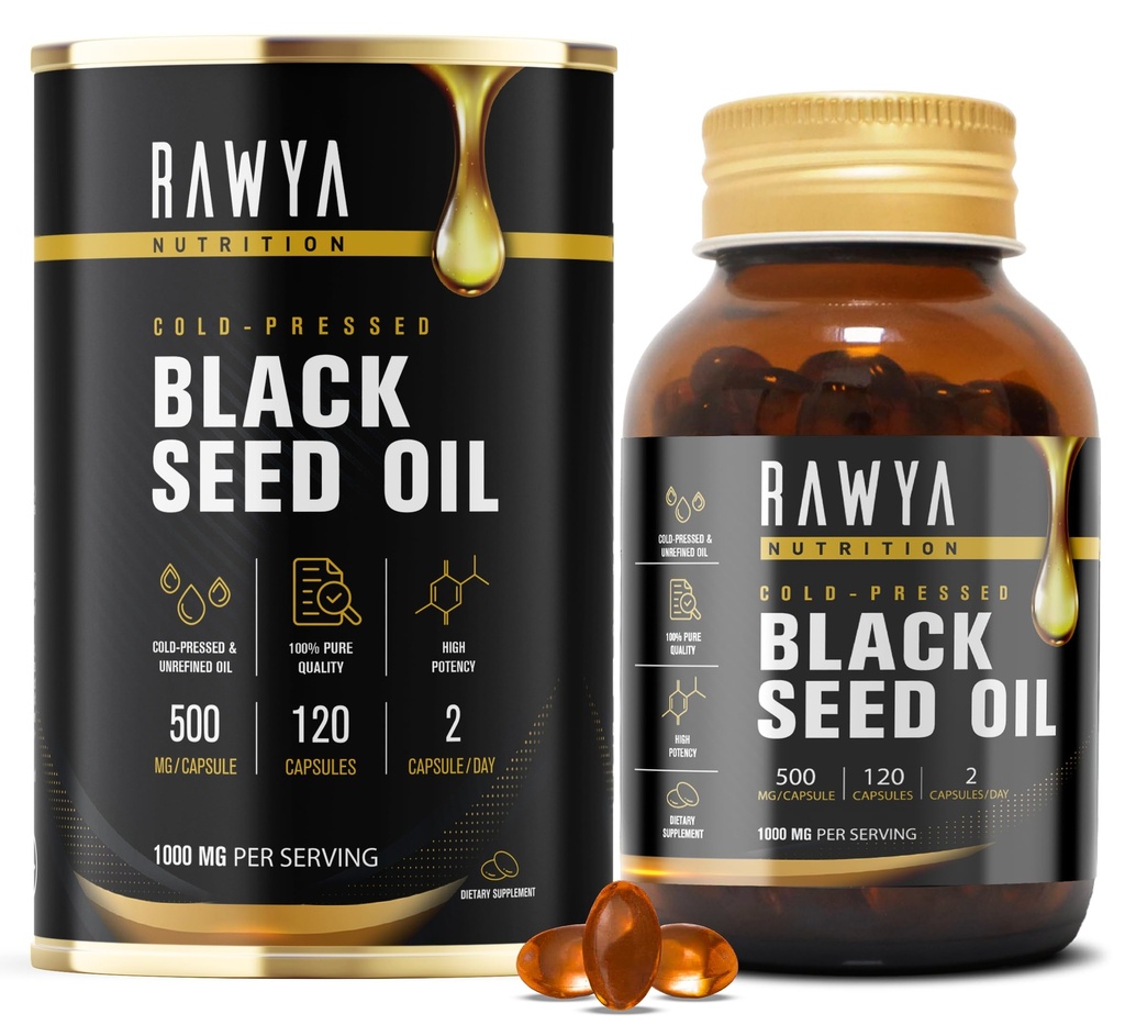 RAWYA Black Seed Oil Softgel Capsules - Halal, Premium Cold-Pressed Nigella Sativa, Non-GMO, 500mg per Capsule - 120 Count