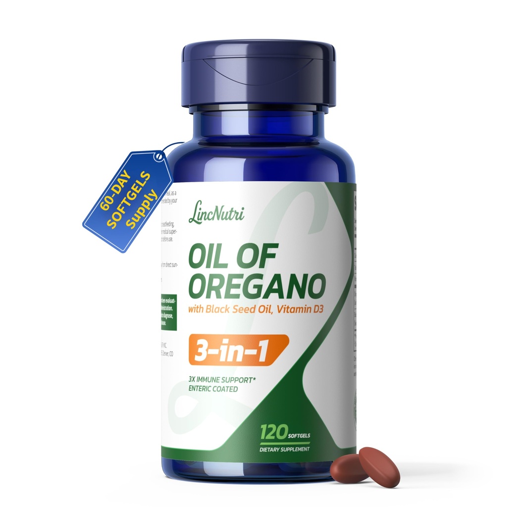 Oil of Oregano with Black Seed Oil Softgels, Oregano Oil Capsules for 3X Strength Immune & Digestive Support with Vitamin D3 – Enteric-Coated Mild Taste, Non-GMO, 120 Softgels, 60-Day Supply