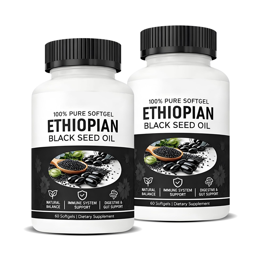 TIMESS Purely Ethiopian Black Seed Oil Capsules, Purely Nutrient Ethiopian Black Seed Oil, Organic Cold Pressed, Non-GMO, Gluten-Free, 60 Softgels (2 Bottle)