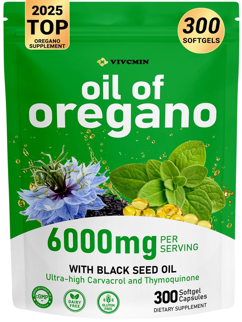 vivcmin Oregano Oil, 300 Softgels, 6000mg Oil of Oregano with Black Seed Oil for Immune & Digestive Support, aceite de Oregano with High Carvacrol & Thymoquinone, Non-GMO | 150 Days Supply