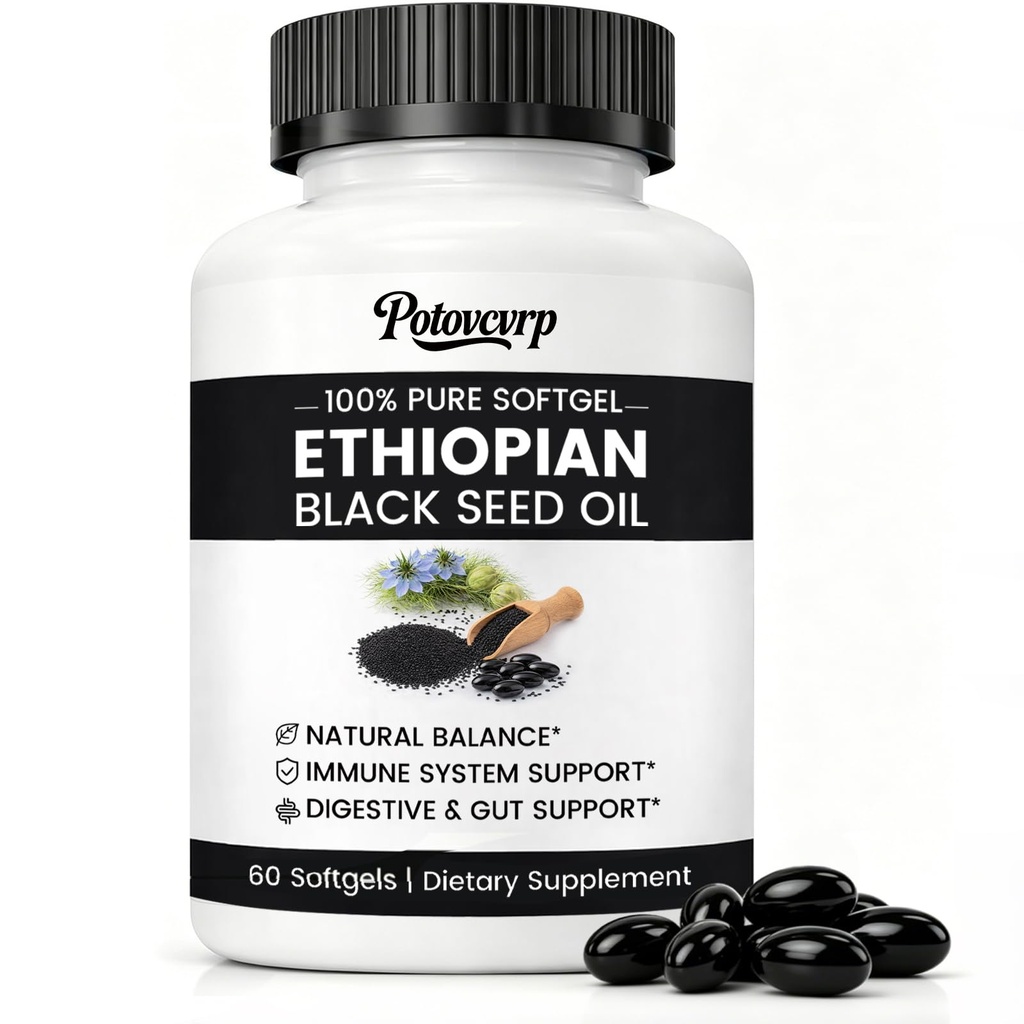 Ethiopian Black Seed Oil Capsules Organic Cold Pressed Black Cumin Seed Oil Softgels with 4.64% Thymoquinone, Non-GMO, Gluten-Free, Vegan, 60 Count for Immune & Digestive Support