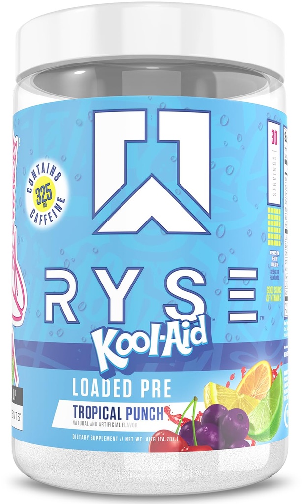 Ryse Loaded Pre Workout Powder - Kool-Aid Tropical Punch - Daily Pre-Workout for Men & Women with 300mg Caffeine, Beta Alanine, and Citrulline for Pump, Focus, and Energy - 30 Servings