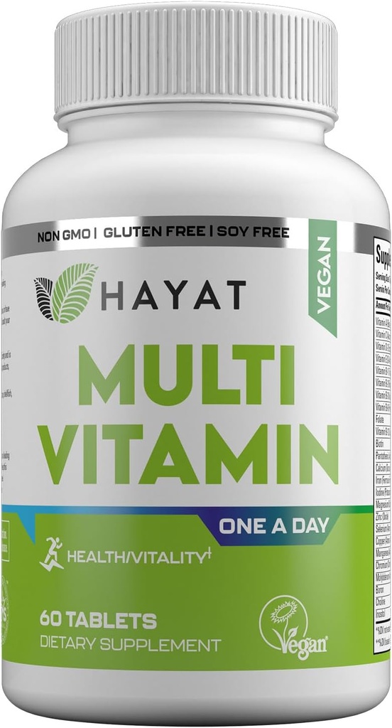 Vitaminas HAYAT Multivitamina natural vegana, Vitaminas diarias con vitamina A, C, D, E, B1, B2, B3, B6, B12, Biotina, Zinc y Más, 2 Mes de Suministro, Todo natural, certificado Halal, 60 Tabletas, Hecho en los EE.UU.