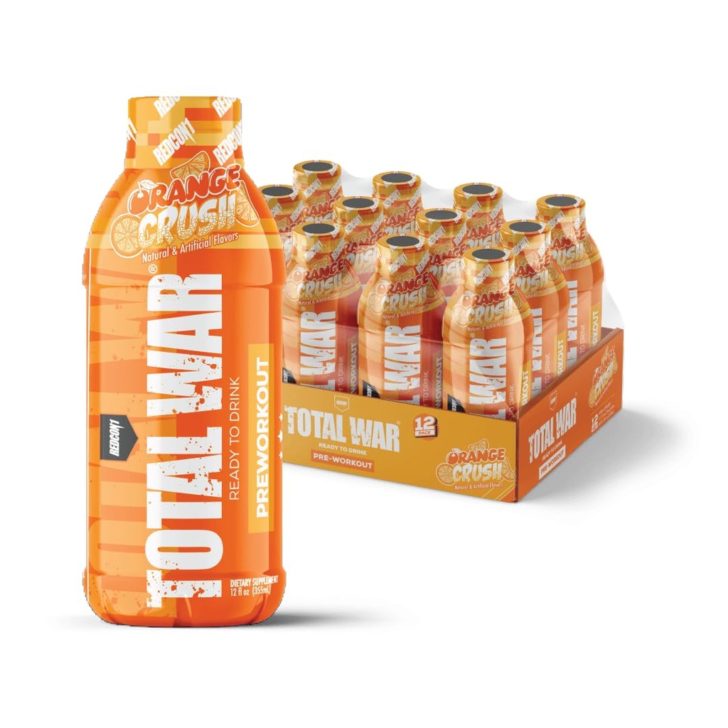 REDCON1 Total War Ready to Drink Pre Workout - Endurance Boosting, Keto Friendly RTD Formula - Amino Acid + Citrulline Malate Pre Workout Drink for Men & Women (Orange Crush, 12 Servings)