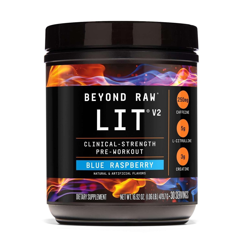 BEYOND RAW LIT V2 Clinical Strength Pre Workout Powder, Hits Harder, Bigger Pumps, Caffeine, L-Citrulline, Creatine, Blue Raspberry, 30 Servings