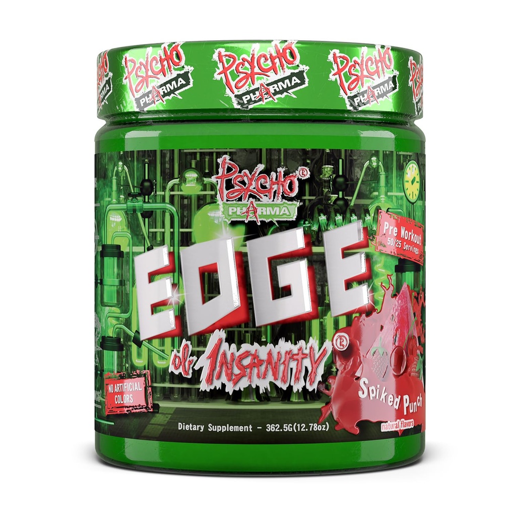 Psycho Pharma Strongest High Stim Preworkout Powder - Edge of Insanity - Most Intense Pre Workout Supplement for Pumps, Strength, Energy and Feel Good Focus. Rivals Famous PWOs of The Past