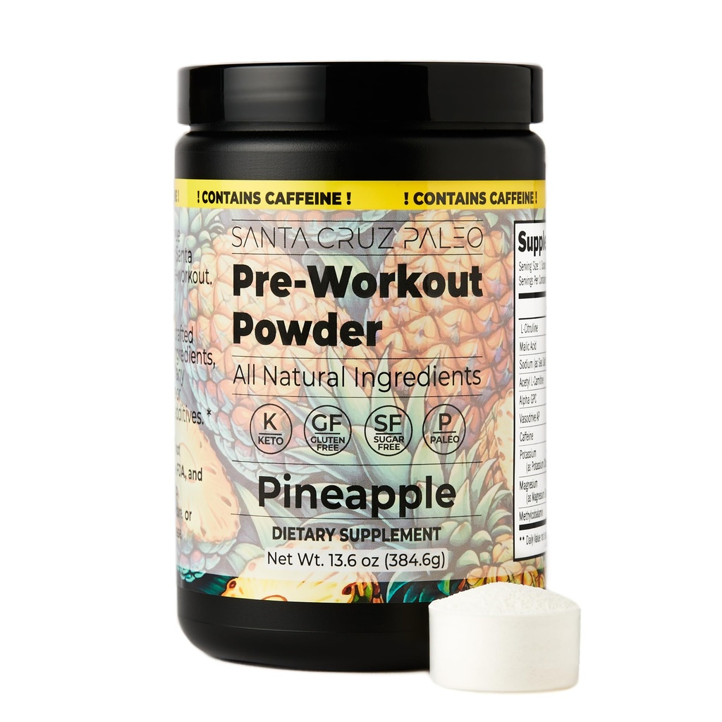 Santa Cruz Paleo Pre Workout Powder with Caffeine & Electrolytes, Magnesium, Potassium, Sea Salt & L Citrulline, Sugar Free Preworkout Drink Mix for Energy & Hydration, Pineapple Flavor, 30 Servings