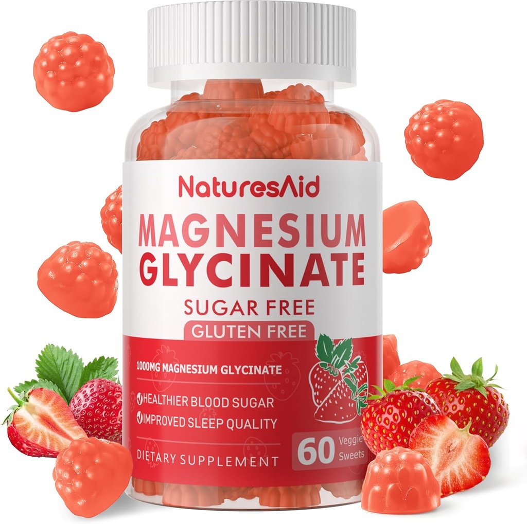 Magnesio Glycinate Gummies 1000mg - Suplemento de Potasio de Magnesio Libre de Azúcar con Vitamina D, B6, CoQ10 para calma Mood &amp; Sleep Support - 60 Gummies de Fresa -1 Pack