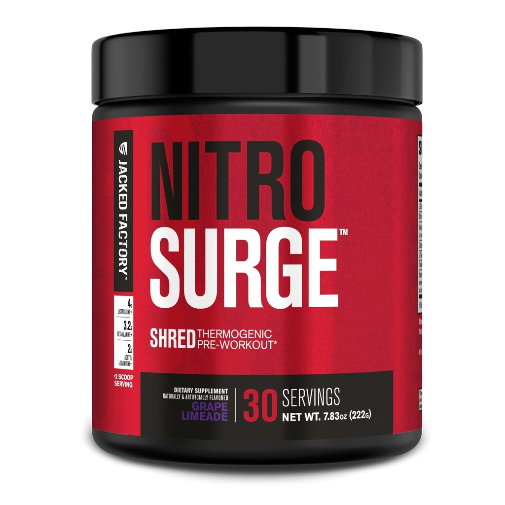 Jacked Factory NITROSURGE Shred Pre Workout Supplement - Energy Booster, Instant Strength Gains, Sharp Focus, Powerful Pumps - Nitric Oxide Booster - 30Sv, Grape Limeade