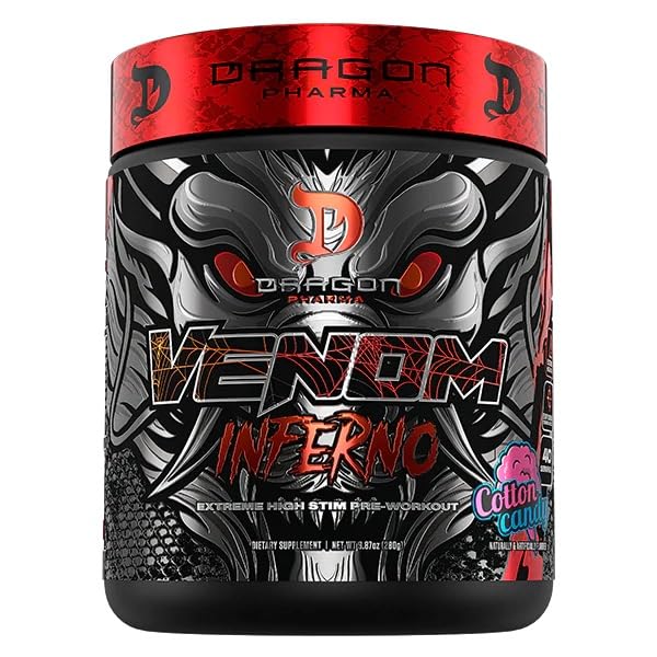 DRAGON PHARMA Venom Inferno, Extreme High-Stim Pre-Workout, Explosive Energy and Unparalleled Focus (40 Servings, Cotton Candy)