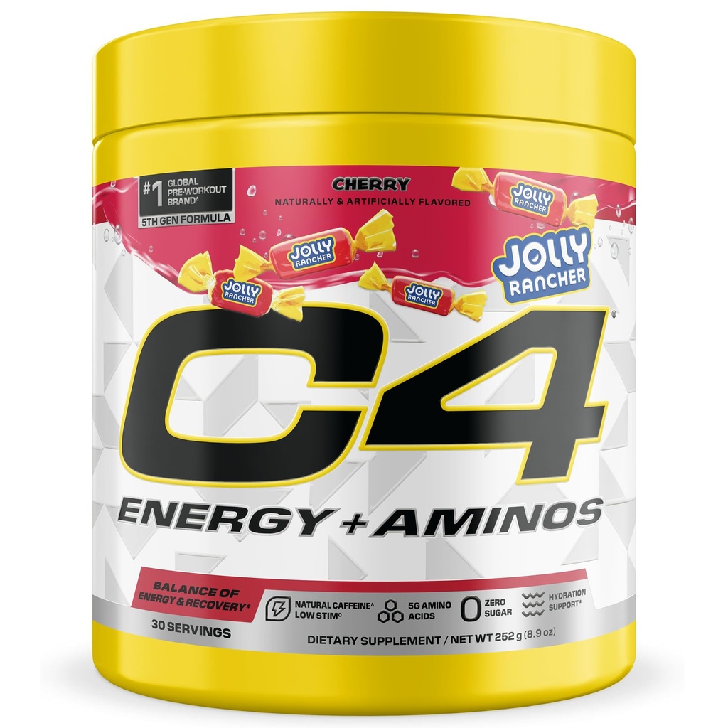 C4 Energy + Aminos Powder Jolly Rancher Cherry, 5g BCAAs & EAAs for Muscle Recovery, 3 Electrolytes for Hydration, 100mg Natural Caffeine, Pre Workout, Zero Sugar, 30 Servings