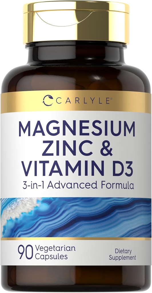 Carlyle Magnesium Zinc and Vitamin D3 TENIDO 90 Capsules ANTE 3-en-1 Advanced Formula ANTE Vegetarian, Non-GMO y Gluten Free